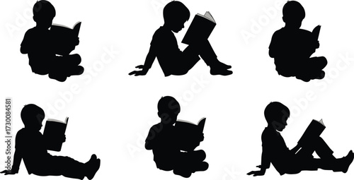 Silhouette of children reading books, kids sitting and learning, education concept, knowledge growth, childhood study, school preparation, literature inspiration, imagination development
