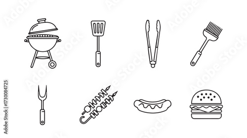 Barbecue grill and utensils collection for outdoor cooking and summer food preparation vector