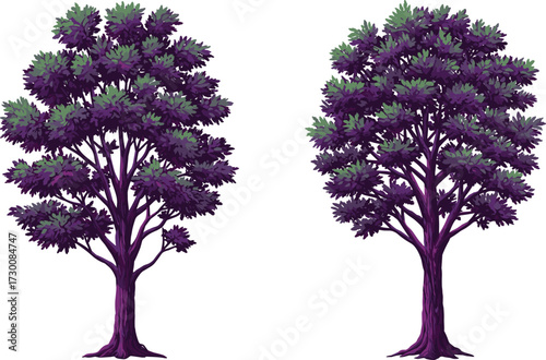 Two stylized trees with purple trunks and mixed foliage, showcasing artistic contrast, botanical diversity, and environmental storytelling in vector illustration