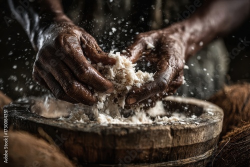 Artisans Hands Kneading Dough, Rustic Artisanry, Dramatic Lighting.