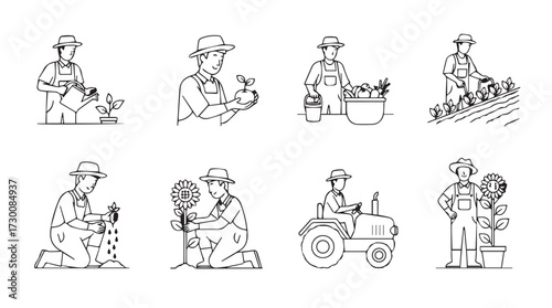Rustic farm life set sketch farmers working fields tractor harvest gardening agriculture vector