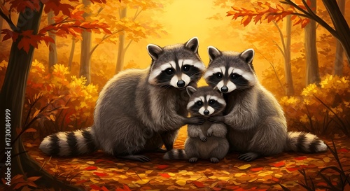 Cozy Raccoon Family in Autumn Forest. National Raccoon Day