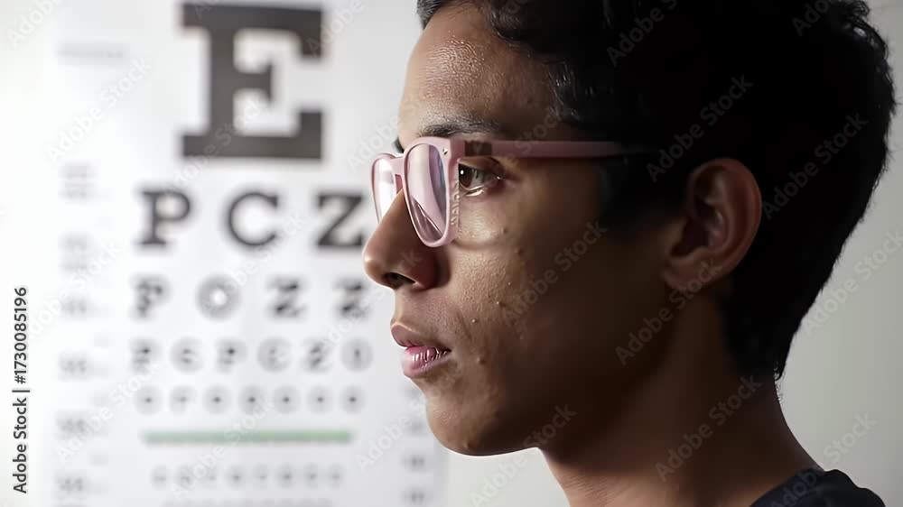 Man with Pink Glasses Taking an Eye Exam with a Chart in a Bright Room ...