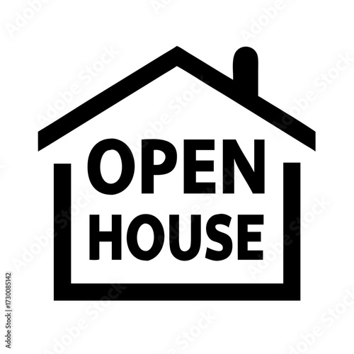 Simple black and white open house sign icon featuring a house silhouette and text for real estate promotion