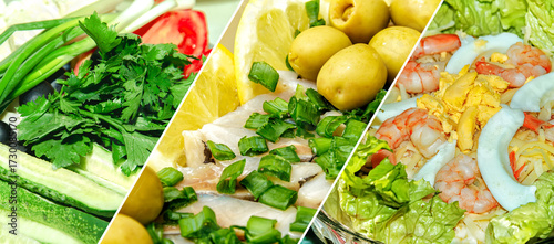 A collage of different salads