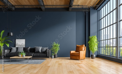 A modern, industrial-style living room showcasing a dark navy blue color palette with natural wood floors and a large window offering city views.