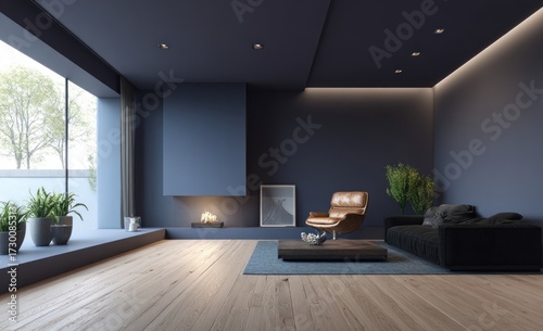 Modern living room interior design featuring dark gray walls, a light-toned wooden floor, and comfortable brown leather furniture.