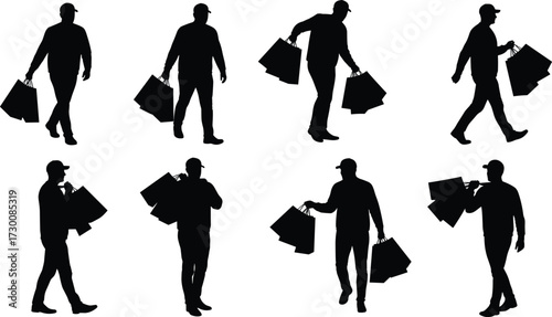 Silhouette of man walking and carrying shopping bags, isolated white background, concept of consumerism, retail store, holiday shopping season