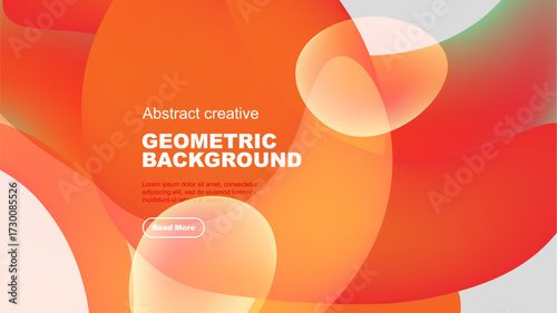Abstract geometric background features overlapping orange shapes. Text includes sample content, plus read more button. Modern design elements present.