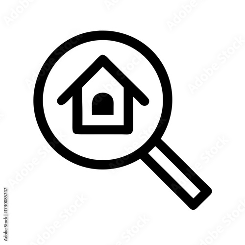Magnifying glass over house icon symbolizing real estate property search and analysis
