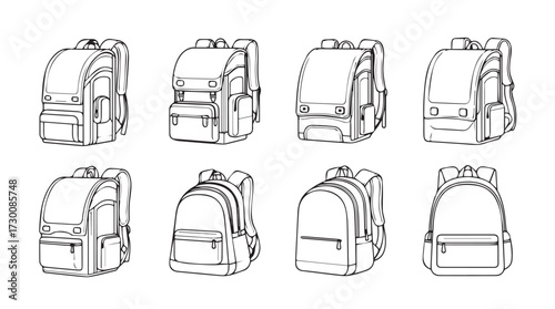 Collection of backpack sketches showing different styles and designs for school or travel purposes vector