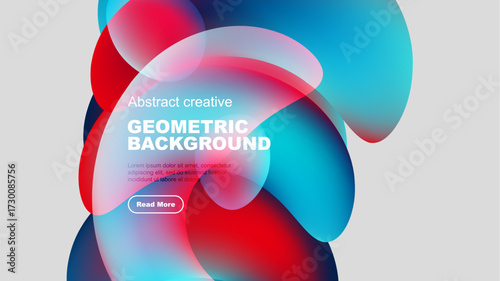 Abstract shapes overlap, creating vibrant color gradients. Text promotes geometric background design, inviting further exploration.