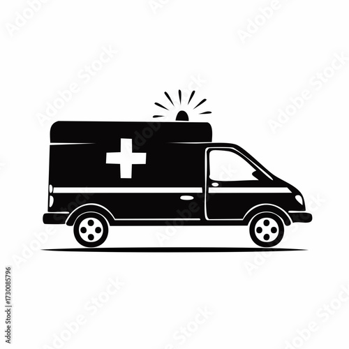Emergency Medical Services Black and White Ambulance Illustration for Healthcare and Medical Aid