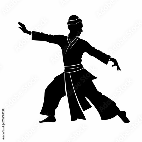 Silhouette of a martial artist performing a dynamic fighting stance, embodying strength and discipline