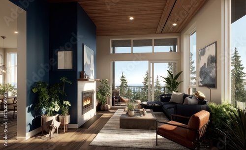 A spacious living room with a modern design, rich deep blue walls, and expansive windows overlooking a scenic landscape.