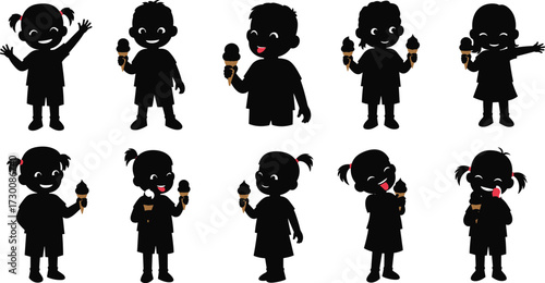 Happy children eating ice cream, kids holding cones, summer fun, childhood joy, sweet dessert, smiling faces, playful moments, delicious frozen treat