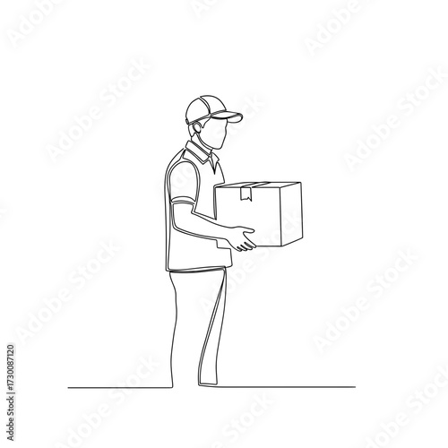 Delivery man outline drawing holding box on white background