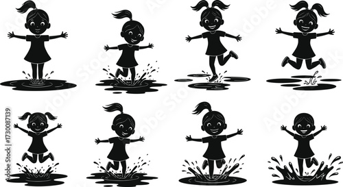 Happy little girl silhouette, child jumping in puddle, playful water splash, childhood fun, outdoor rainy day activity, smiling cartoon illustration