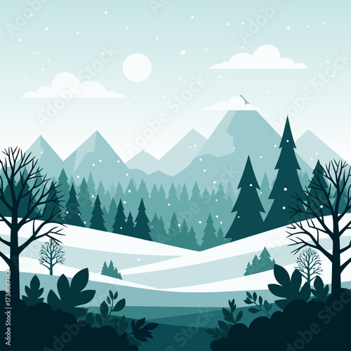 Serene winter landscape background with snow falling and copy space for design