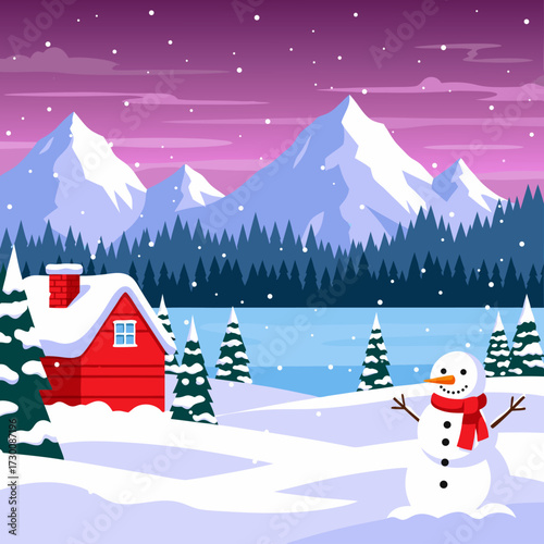 Vibrant winter landscape illustration of a cozy cabin, snowman, and majestic mountains, creating a picturesque seasonal background with generous copy space