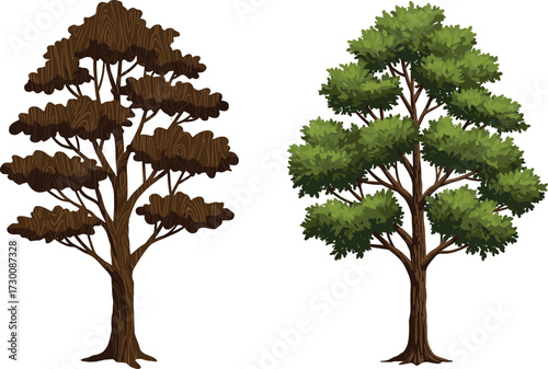Vector illustration of two trees showing stylized wood-textured canopy and natural green foliage, highlighting artistic contrast and botanical diversity.