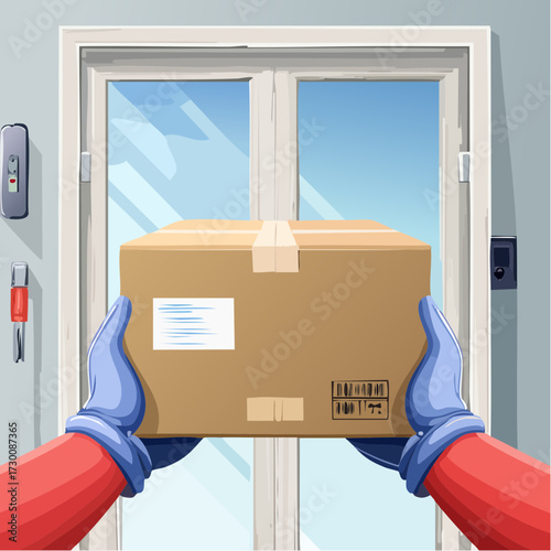 First-person view of a courier in blue gloves delivering a cardboard package to a modern front door.