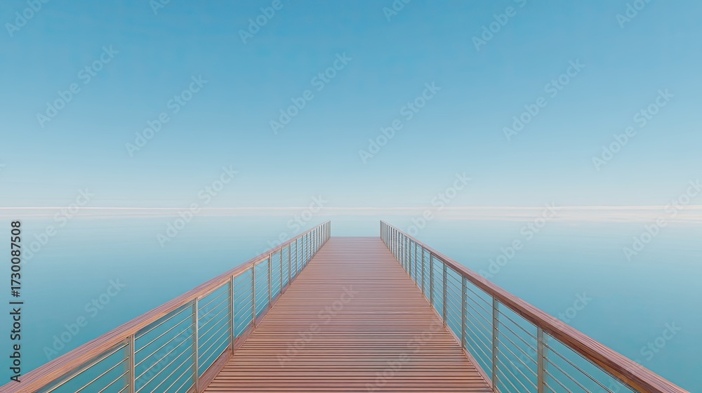Obraz premium Tranquil Wooden Pier Stretching into Calm Blue Waters Under a Clear Sky with No Clouds
