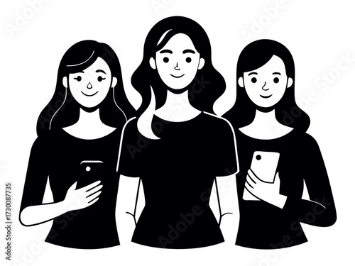 Three young women happy with smartphone black silhouette vector design on white background