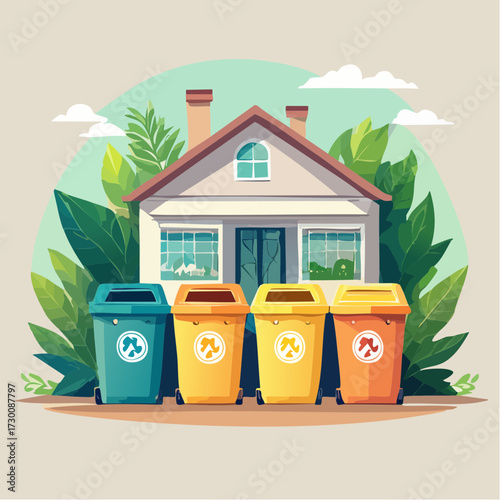 Illustration of a house with colorful recycling bins for waste sorting and environmental conservation.