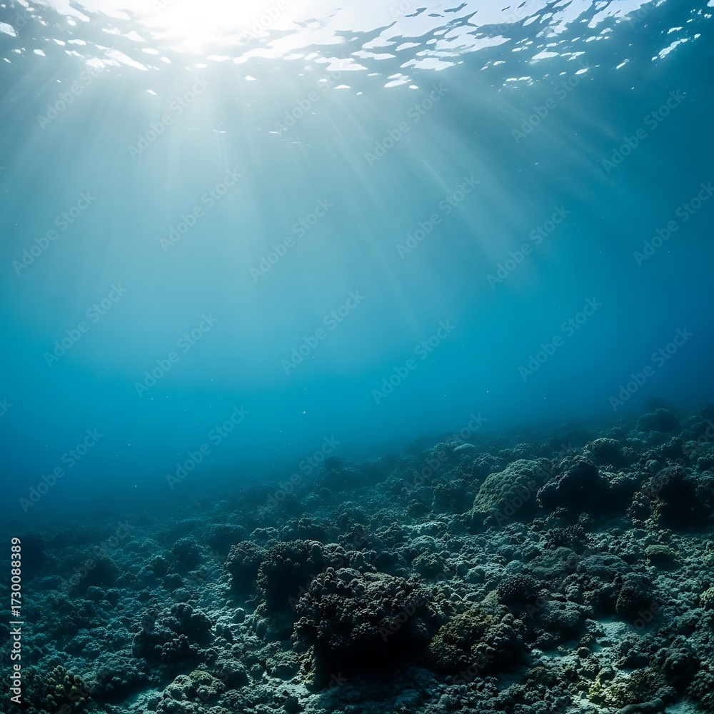 Fototapeta premium Sunlight streams through clear blue ocean water onto a vibrant coral reef below