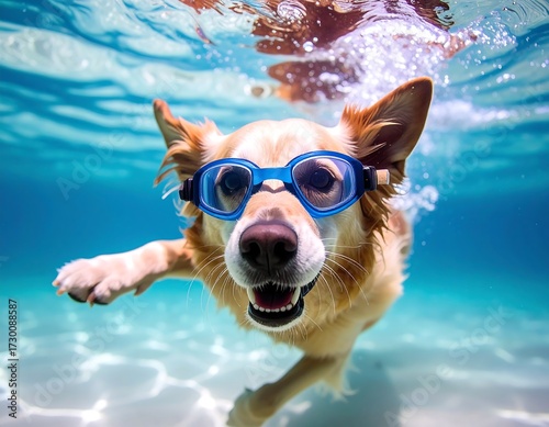 Underwater canine wearing goggles, playfully swimming