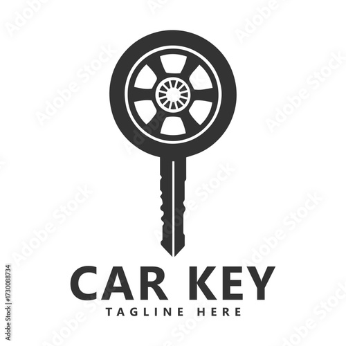 Car Key Logo with Wheel Rim Head – Black and White Automotive Branding Design