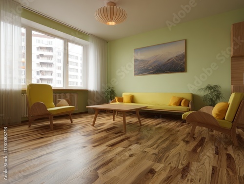 A stylish living room boasts a warm, light-filled space with pale green walls, a light wooden floor, and vibrant yellow furniture.