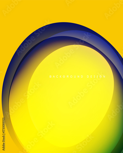 Bright yellow background features layered curved shapes. Gradient transitions from dark blue to vibrant green create dynamic visual effect.