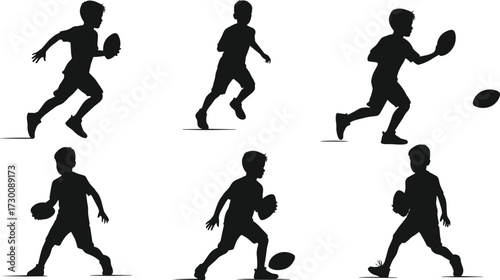 Silhouette boy playing rugby, child holding ball, running athlete figure, sports activity, outdoor game, black shadow illustration, young player training exercise