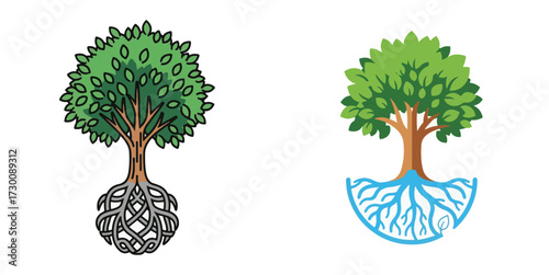 Stylized Tree Illustrations with Visible Roots Symbolizing Nature and Growth