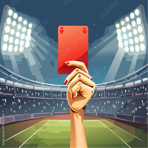 Vector illustration of a hand with red nails holding a red card in a crowded sports stadium at night.