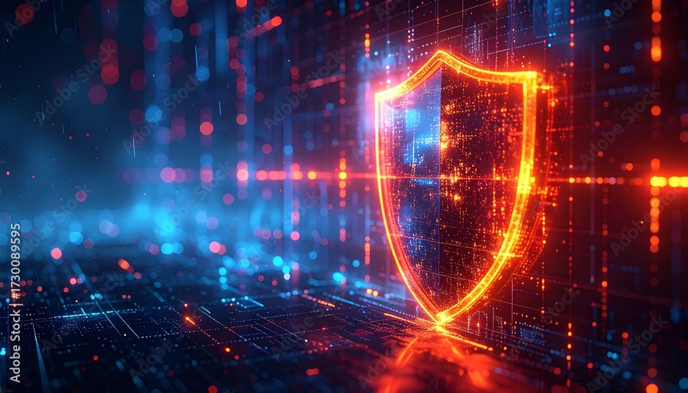 Obraz premium Abstract concept of a glowing warning shield icon on a cyber grid background, representing data breach and online vulnerability