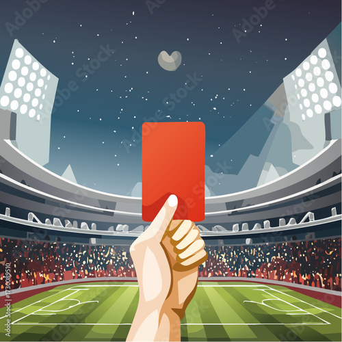 Referee's hand holding a red card during a football match in a packed stadium at night.
