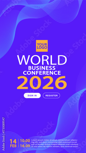 A vertical banner template for a world business conference or global tech summit. The vibrant purple background with abstract flowing waves is ideal for a virtual event registration page.
