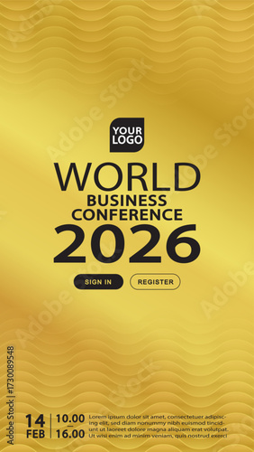 A premium poster template for a world business conference or an exclusive awards ceremony. The design features a luxurious gold background with a wavy pattern, ideal for a prestigious corporate .