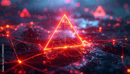 Cybersecurity concept with a glowing red warning triangle overlayed on blockchain network connections, symbol of crypto fraud detection