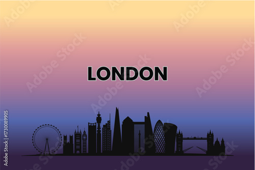 24 London skyline silhouette against a pastel sunset gradient. Vector illustration.