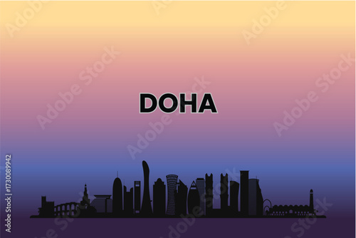 23 Doha skyline silhouette against a pastel sunset gradient. Vector illustration.