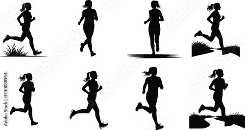 Silhouette woman running, female jogger, outdoor exercise, fitness workout, healthy lifestyle, marathon training, jogging activity, sports athlete, running track, cardio