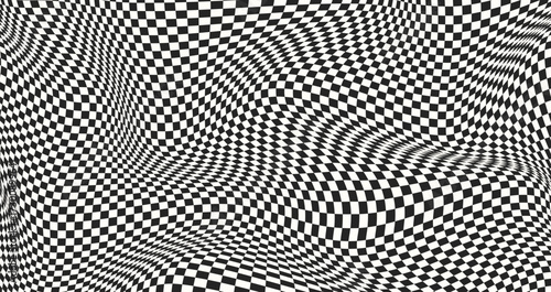 Checkered psychedelic banner. Warped background with geometric graphic. Y2k design optical illusion print. Abstract chess square surface. Checkerboard wavy pattern. Vector illustration