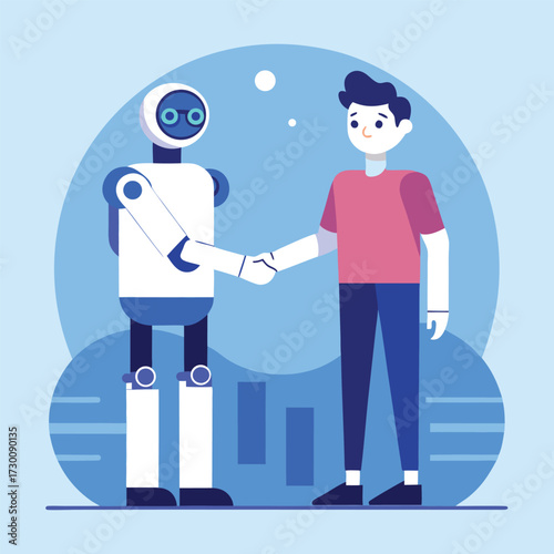 Friendly robot and human shaking hands symbolizing cooperation and partnership in the era of artificial intelligence and technology