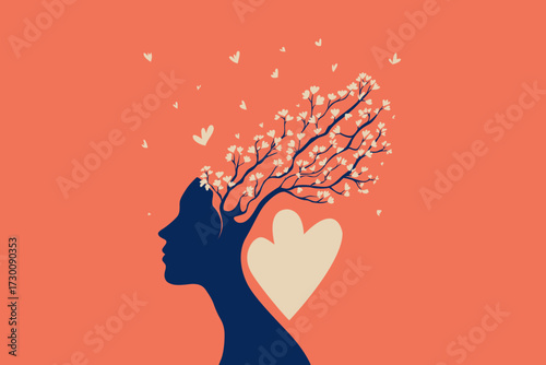 Woman Silhouette with Blossoming Tree and Hearts – Mind, Brain and Performance Concept Illustration
