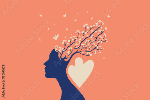 Woman Silhouette with Blossoming Tree and Hearts – Mind, Brain and Performance Concept Illustration