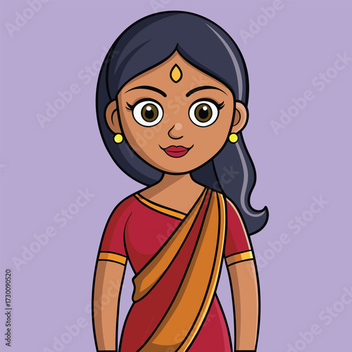 Charming cartoon illustration of a young indian woman wearing a traditional red saree and gold jewelry against a soft purple background